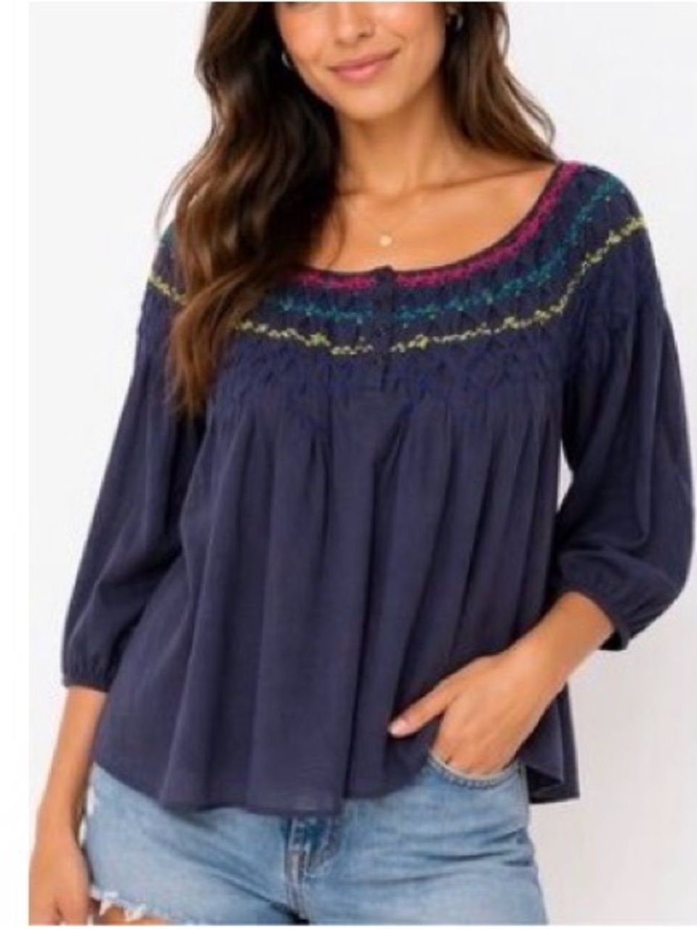 Vintage Free People Smocked Embroidered Top, Size Small